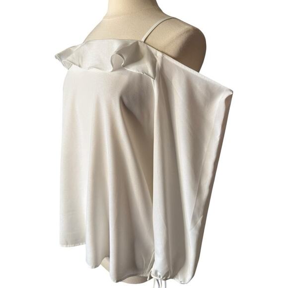 Collective Concepts Cold Shoulder Flutter Blouse White XL Tie Wrist Puff Sleeve - Picture 2 of 9